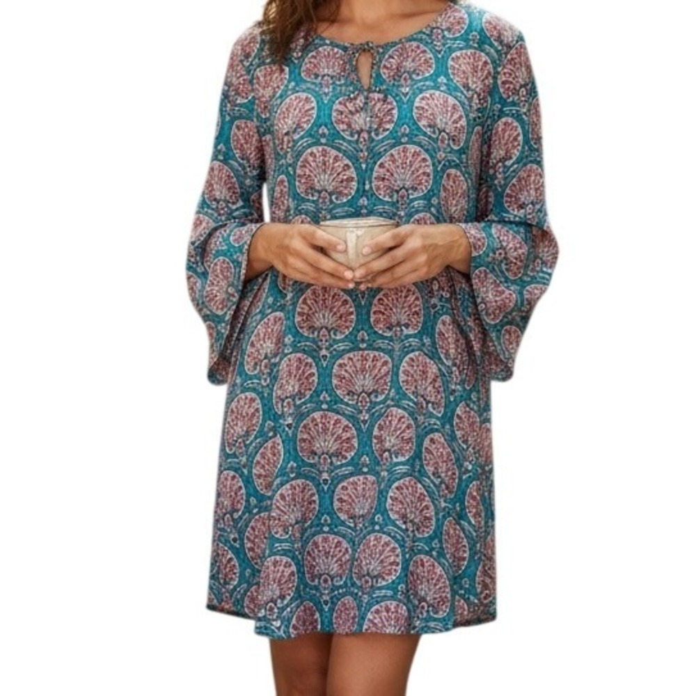 BENARES Blue With Red Floral Pattern Belled‎  Sleeve Dress NWOT Size Small